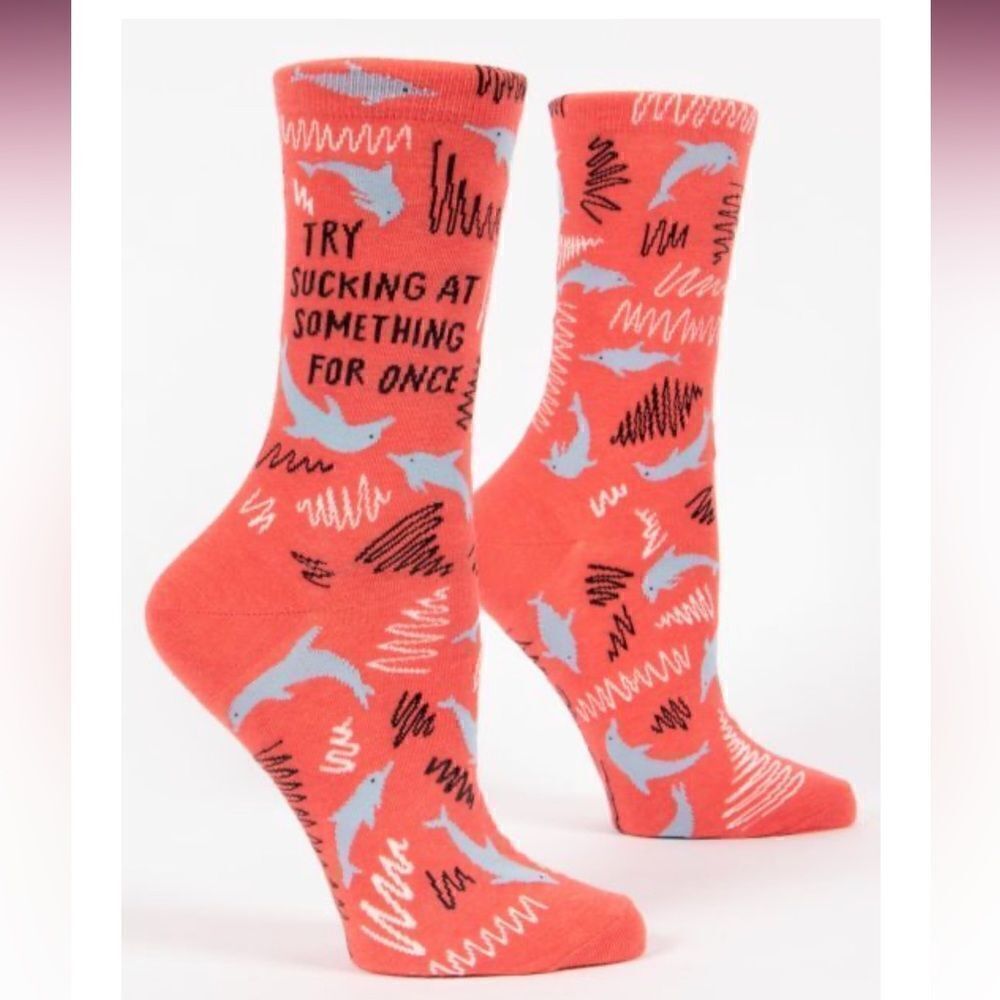 Blue Q Women’s Cotton Crew Socks Dolphins Try Sucking at Something!